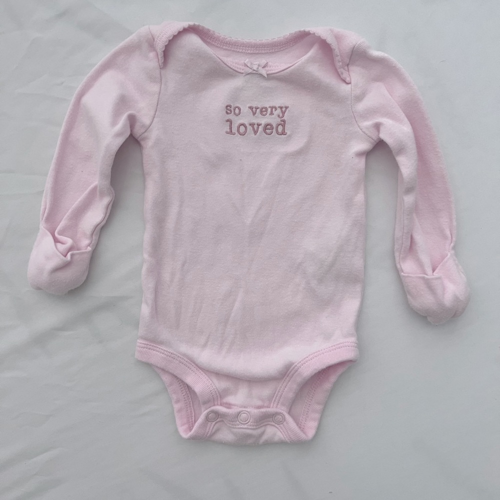 Pink Carter’s NB onesie w/mittens